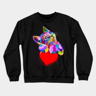 Cute Colorful Cat Hugging Dripping Heart Crewneck Sweatshirt